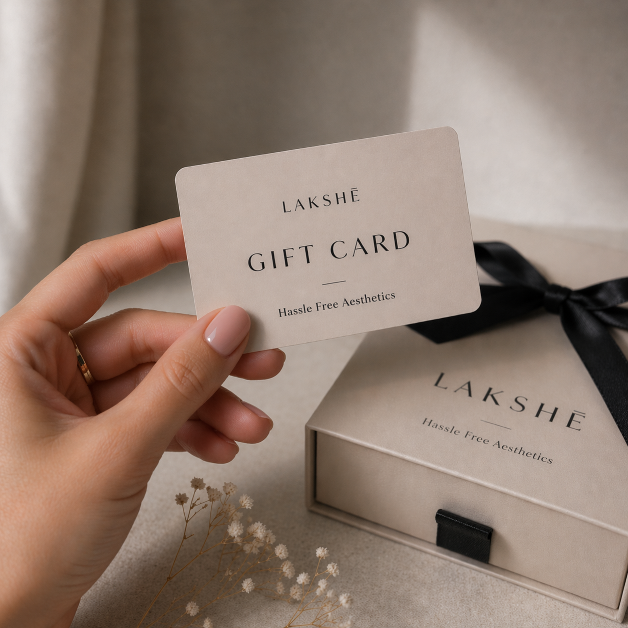 Hand holding a Lakshe gift card with a matching box on a neutral background