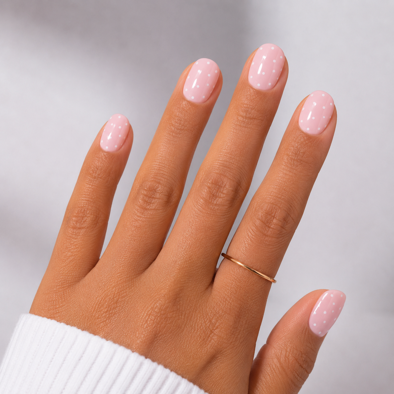 Hand with pink nail polish and a gold ring on a neutral background