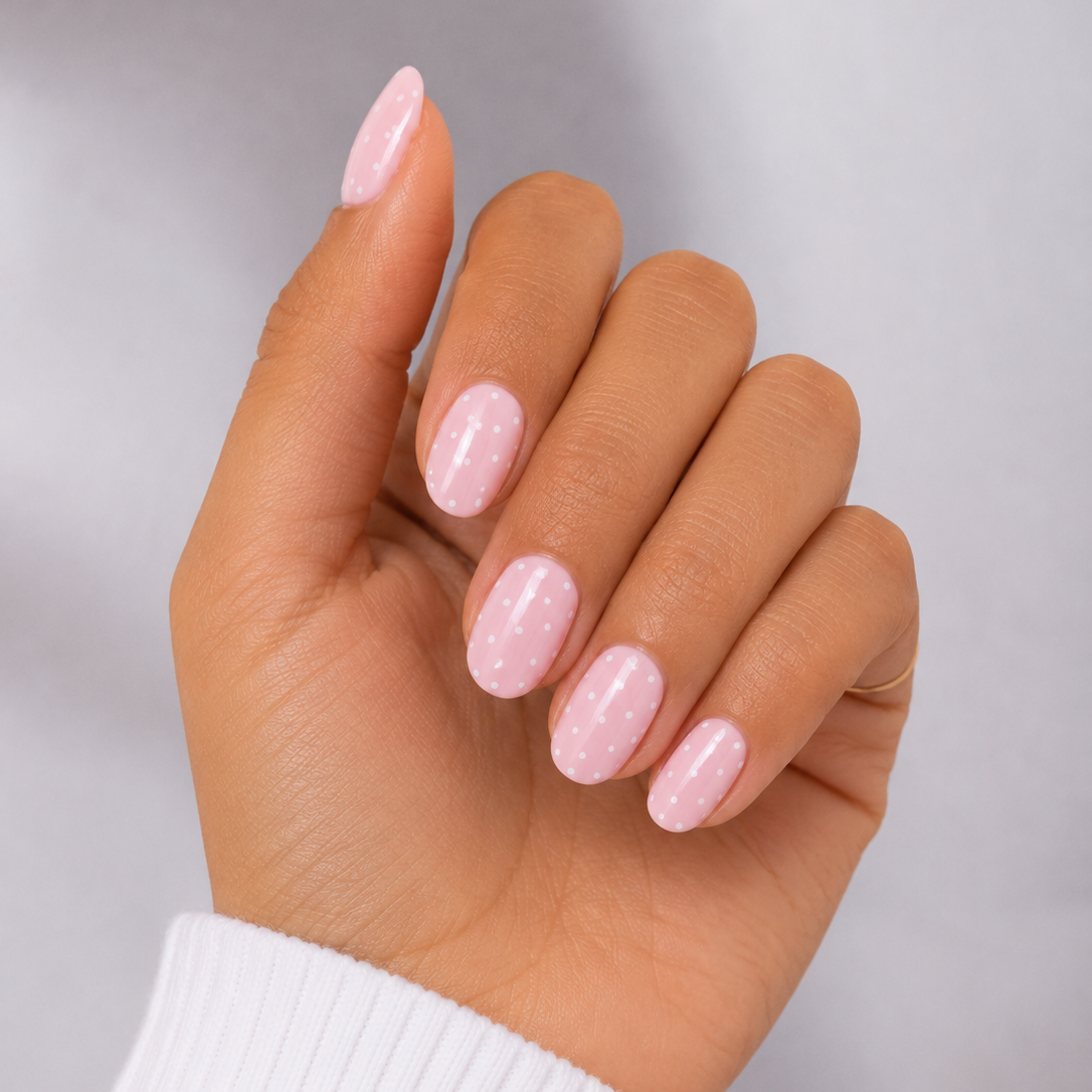 Hand with pink nail polish on a neutral background